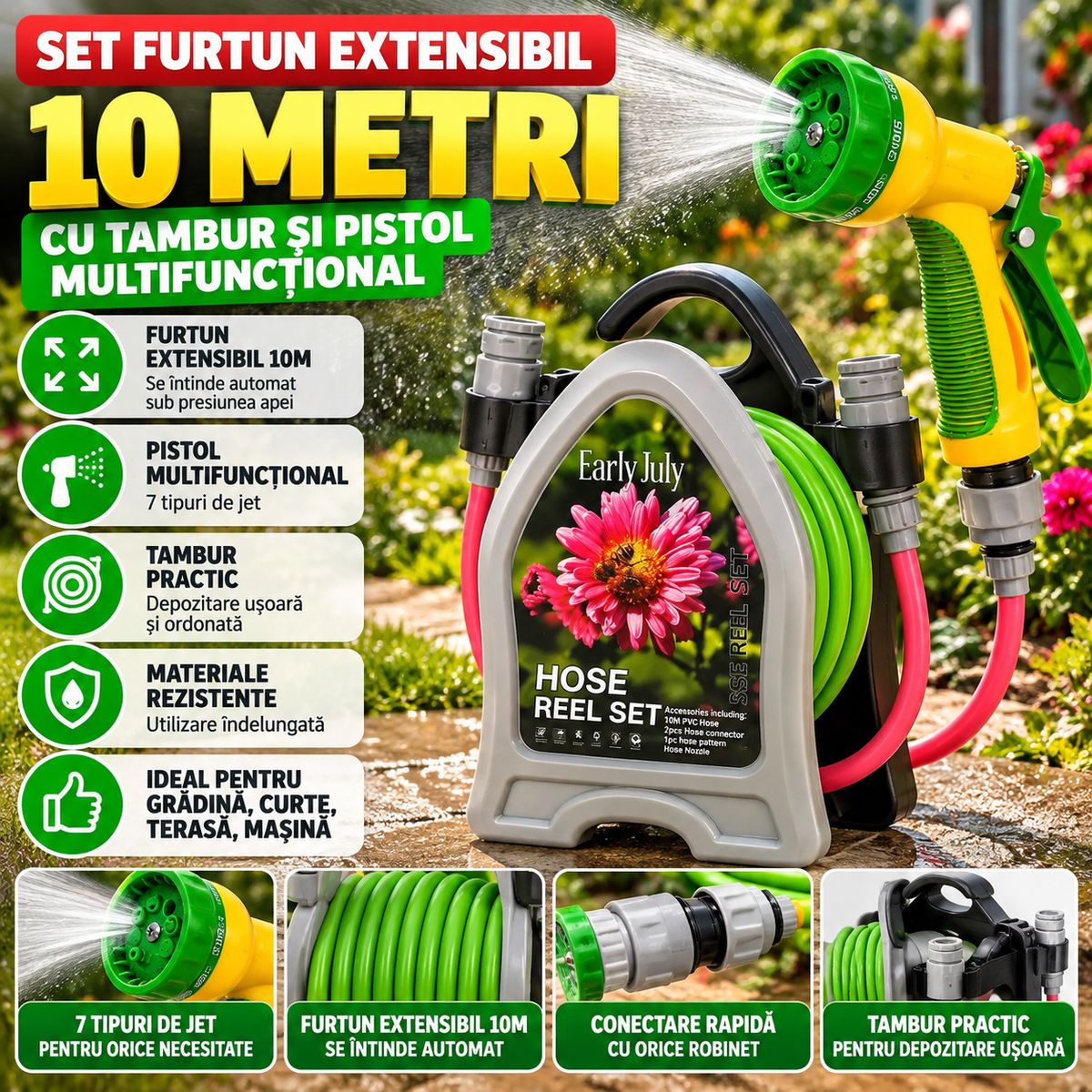 Set furtun extensibil 10 metri cu tambur și pistol multifuncțional