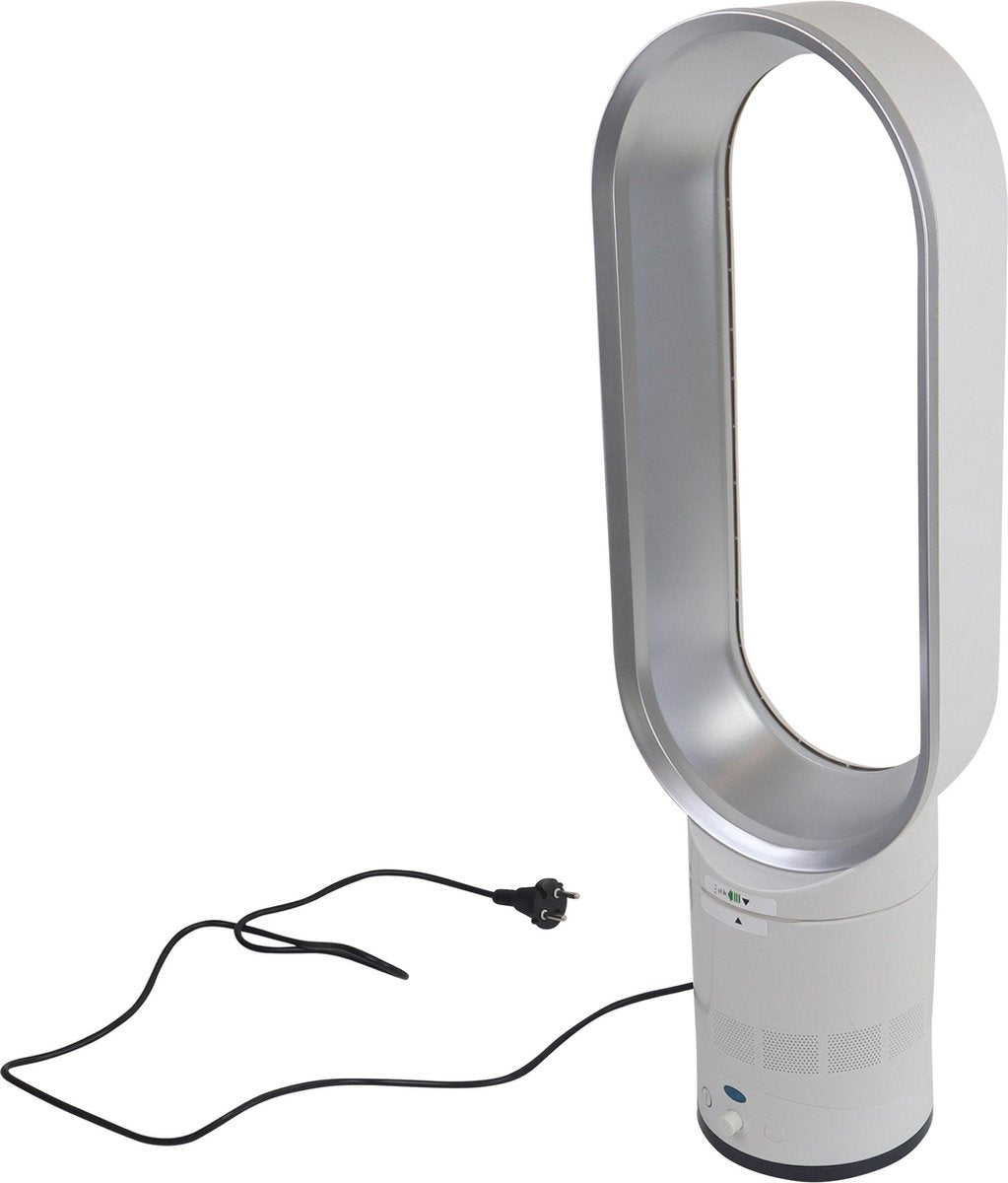 Ventilator fără pale, alb-argintiu, tip coloană, 16 inch, telecomandă inteligentă cu oscilație și temporizator