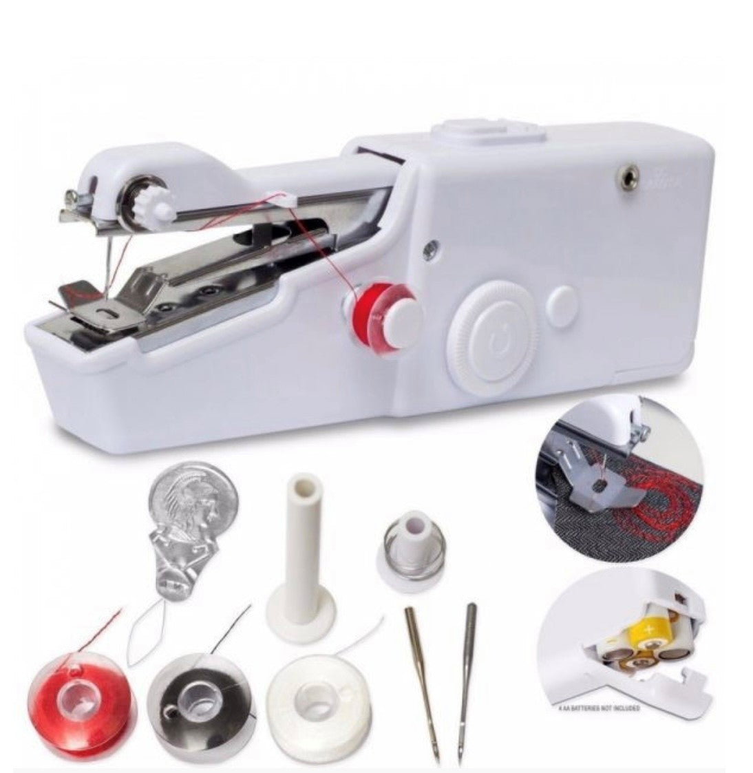 Set Masina de cusut manuala, portabila, cu baterii + Trusa de cusut si croitorie, portabila, cu 210 accesorii