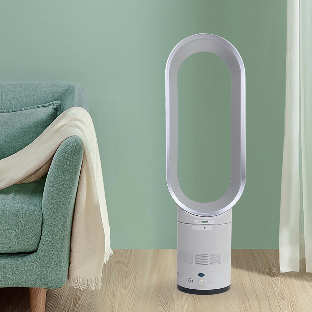 Ventilator fără pale, alb-argintiu, tip coloană, 16 inch, telecomandă inteligentă cu oscilație și temporizator