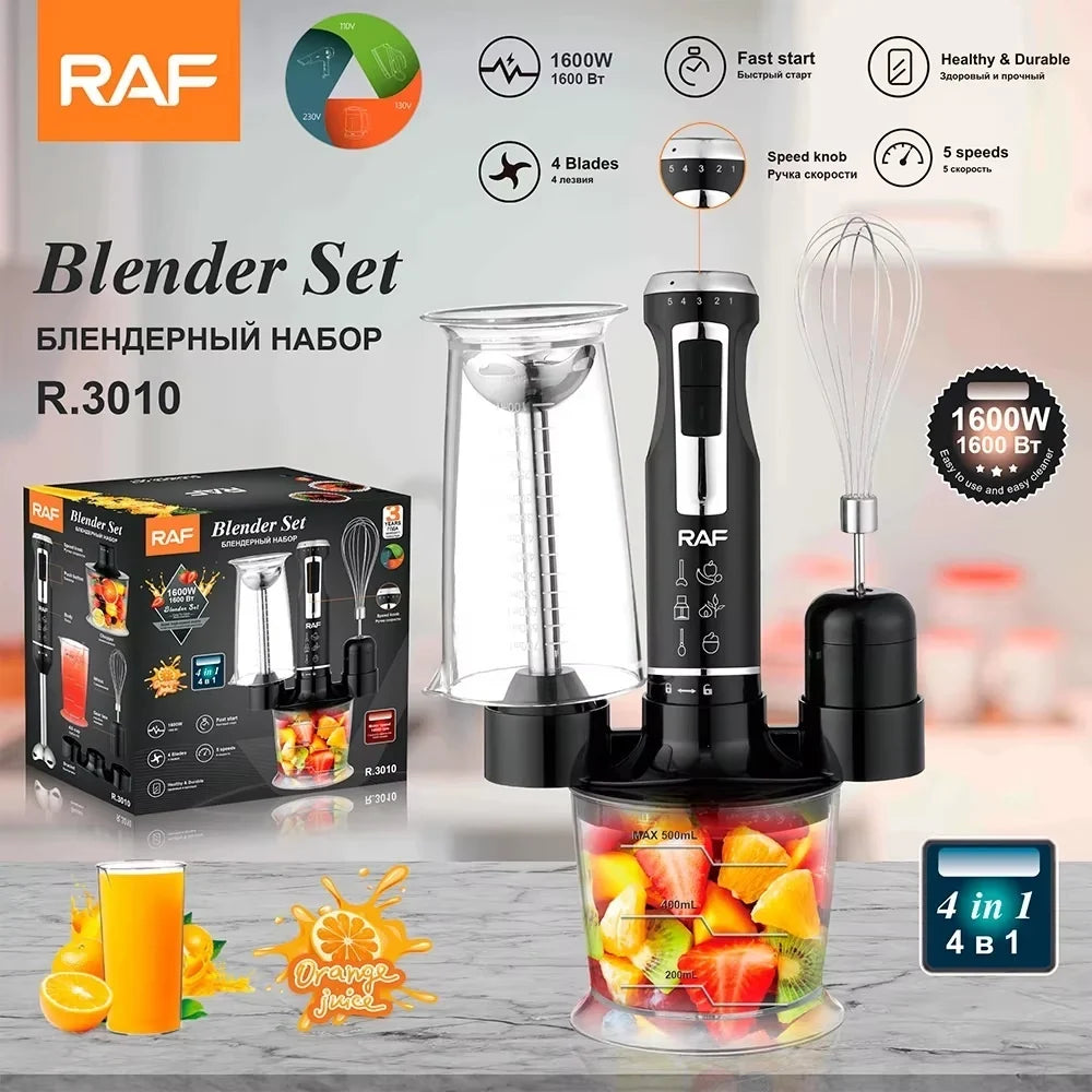 Blender RAF R3010, 4 in 1, 1600W, cu recipient de 500ml, de 600 ml si tel, lame din otel, 41 cm, negru-argintiu