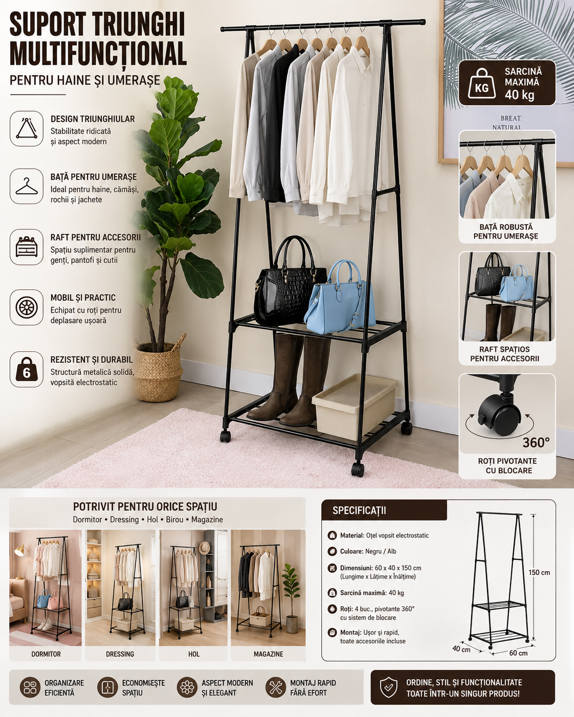 Set 1+1 suport triunghi multifunctional pentru haine si umerase, pliabil, economisire spatiu