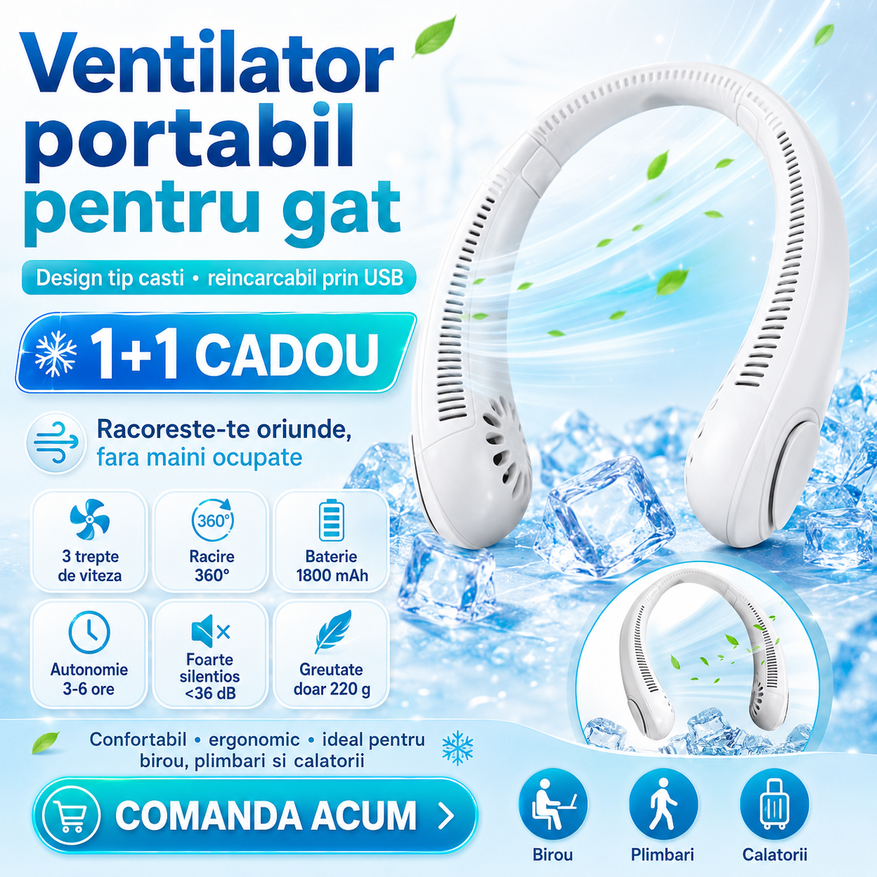 Set 1+1 ventilatoare portabile pentru gat, 3 viteze, acumulator 1800 mAh, incarcare USB