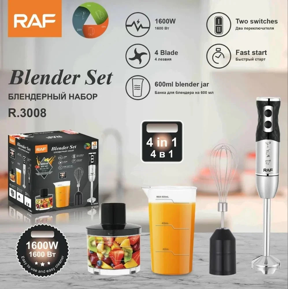 Blender vertical RAF R3008, 1600W, 4 lame din otel, cu recipient de 500ml, de 600ml si tel, negru-argintiu