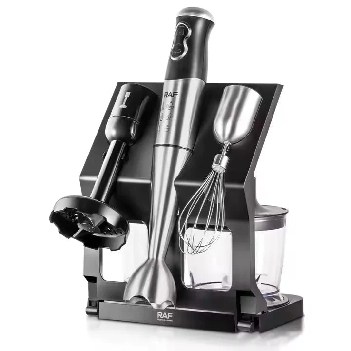Blender RAF R3004, 5 in 1, 500W, recipient de 500ml, 700ml, tel si suport, 2 viteze, 4 lame din otel, 40 cm, negru-argintiu