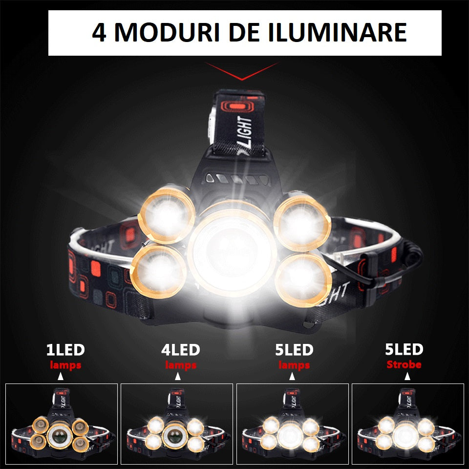 Lanterna frontala cu 5 leduri, rezistenta la apa