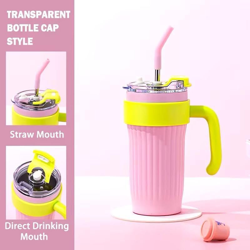 Set 4 x Pahar termic de 860 ml cu maner, capac si pai, izolat, din otel inoxidabil, reutilizabil, ideal pentru cafea si calatorii.