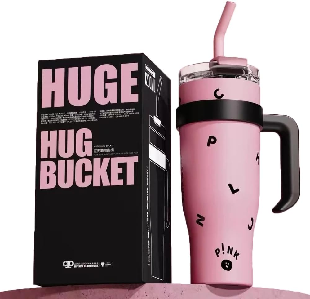 1+1 CADOU Pahar termos izolat din otel inoxidabil, 1200 ml, cu pereti dubli, maner si pai