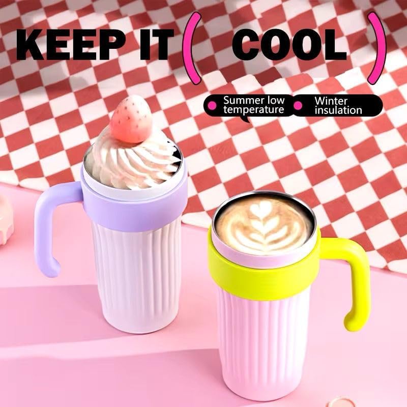 Set 4 x Pahar termic de 860 ml cu maner, capac si pai, izolat, din otel inoxidabil, reutilizabil, ideal pentru cafea si calatorii.