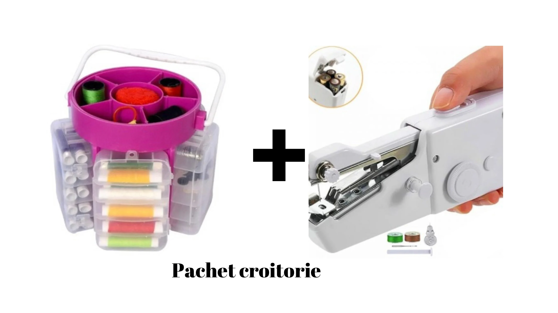 Set Masina de cusut manuala, portabila, cu baterii + Trusa de cusut si croitorie, portabila, cu 210 accesorii