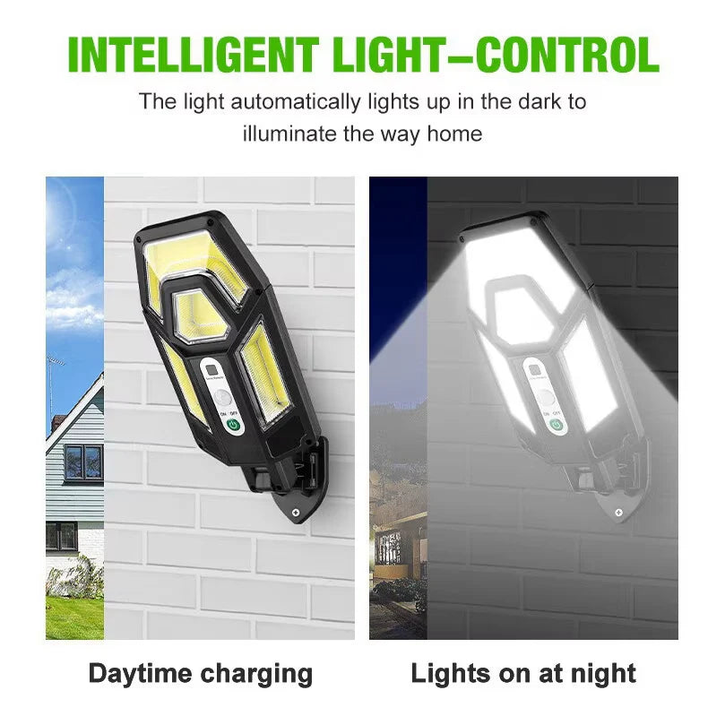 Set 3 x Lampa solara LED, 50W, 2 moduri iluminare, Senzor miscare, Telecomanda, Negru