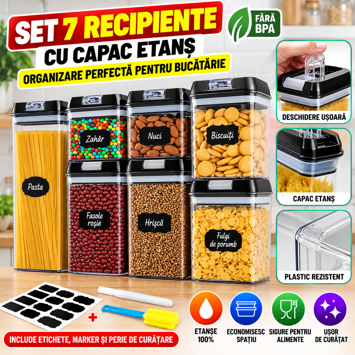 Set 7 recipiente depozitare cu capac etanș, organizare perfectă pentru bucătărie