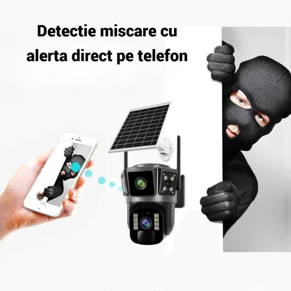Camera Supraveghere 4G cu Panou Solar - Dubla Lentila 360°, Full HD, Viziune Nocturna Color + Card 32GB