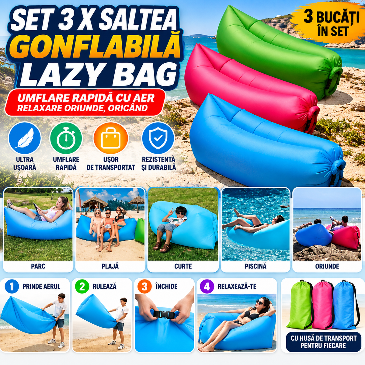 Set 3 x Saltea gonflabila Lazy Bag umflare cu aer