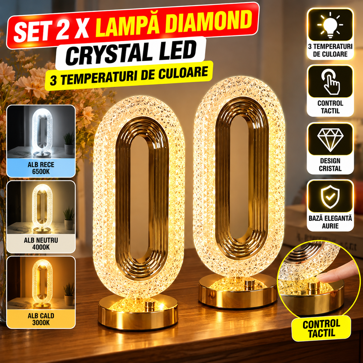 Set 2 x Lampa Diamond Crystal LED cu 3 temperaturi de culoare, alb rece, alb cald, neutru, culoare auriu