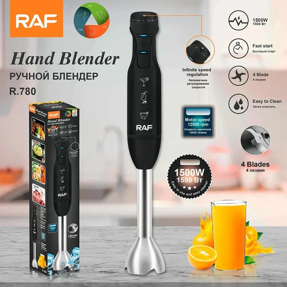 Blender Vertical de Mână, RAF R780, 1500W, 12000 RPM, 4 Lame din Oțel Inoxidabil, 42x6 cm