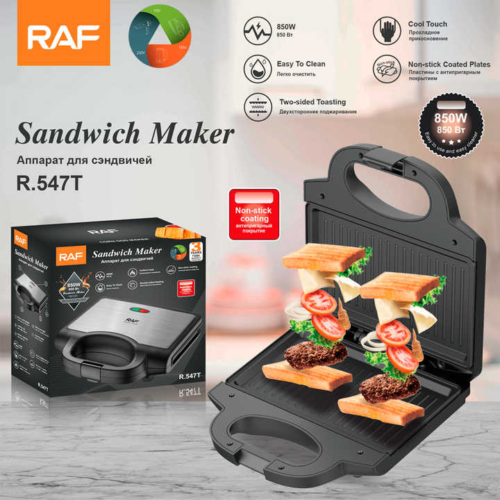 Sandwich Maker Grill Electric RAF R.547T, 850W, Suprafață Antiaderentă