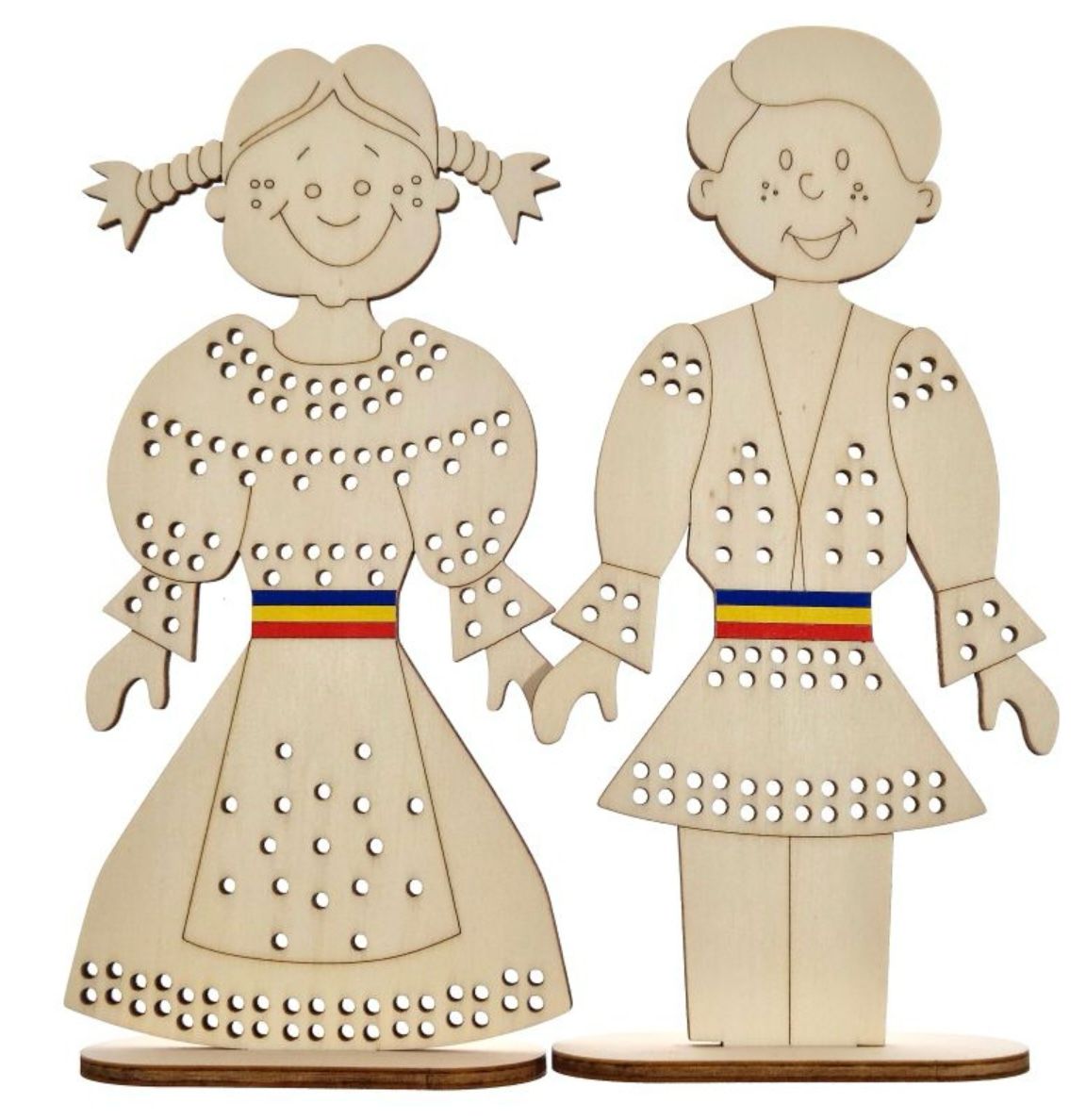 Set figurine fetita + baiat cu suport, pentru cusut si pictat, din lemn 20 cm inaltime