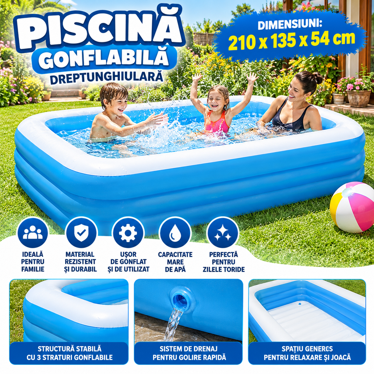 Piscina gonflabila dreptunghiulara, dimensiuni 210x135x54cm