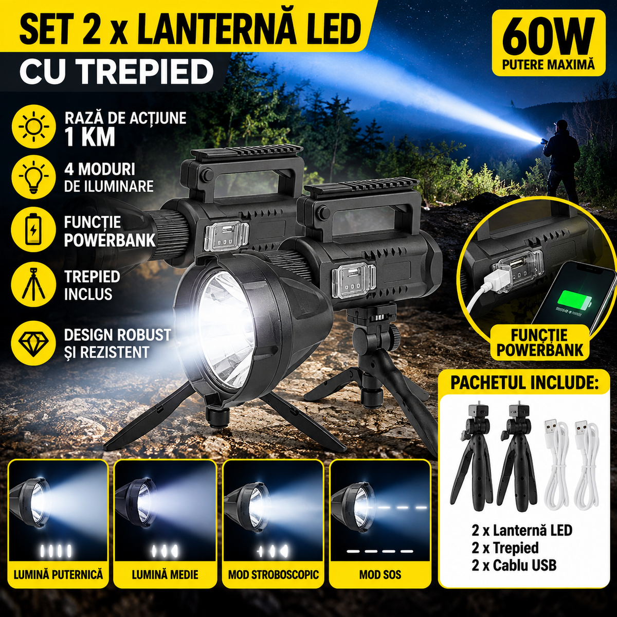 Set 2 x Lanterna LED cu trepied, 60W, raza de actiune 1KM, 4 moduri de iluminare, functie Powerbank