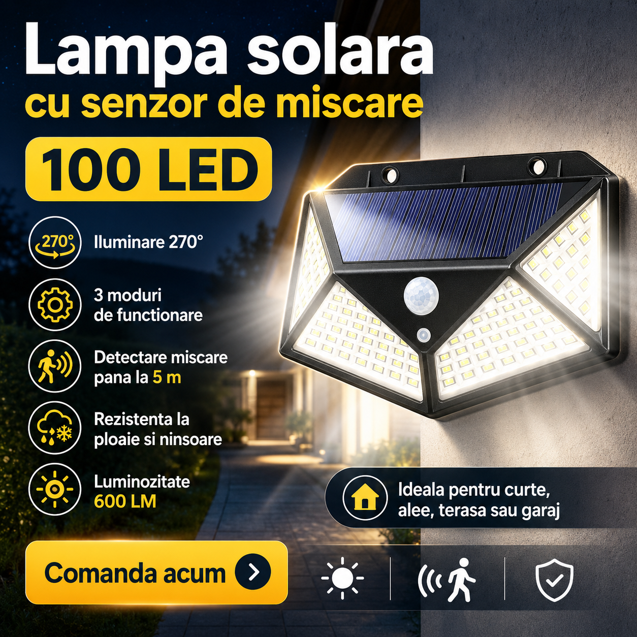 Lampa solara LED cu senzor de miscare 100 LED, lumina exterior, 600LM