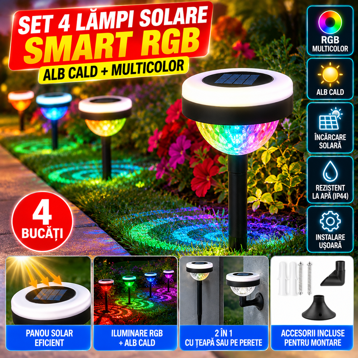 Set 4 x Lampa solara Smart RGB / Alb cald