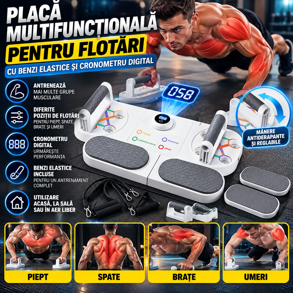 Placă Multifuncțională pentru Flotări cu Benzi Elastice și Cronometru Digital