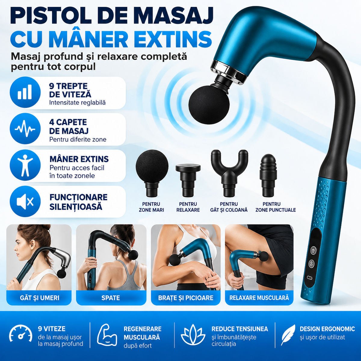 Pistol de masaj cu maner extins, 4 capete de masaj, 9 viteze, Aparat Pentru Masaj Premium