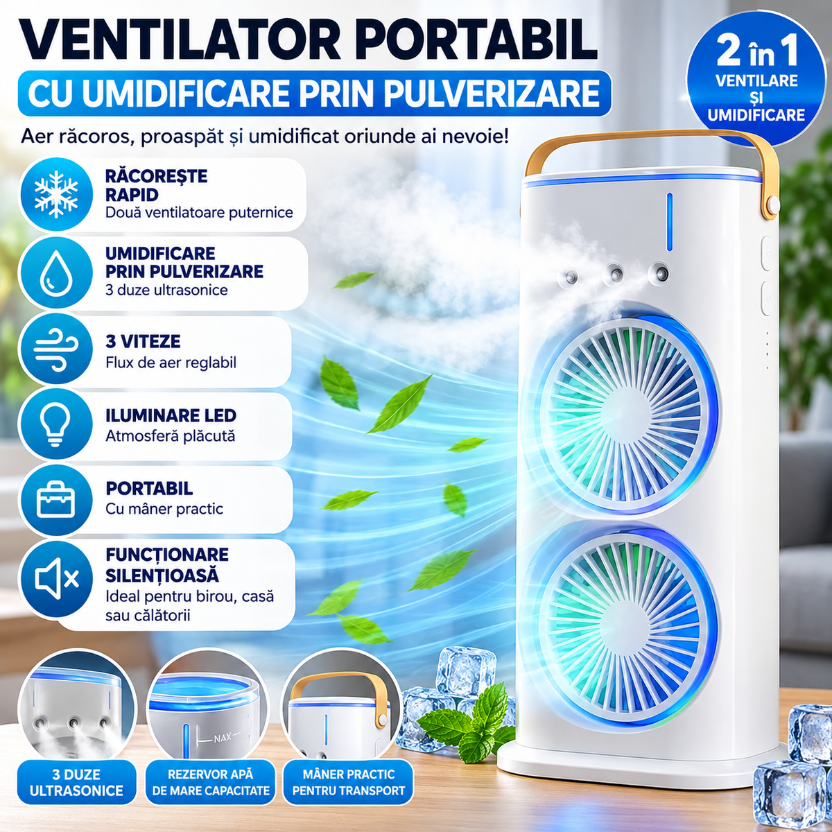 Ventilator portabil de birou cu umidificare prin pulverizare