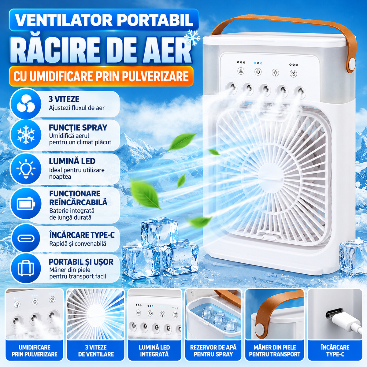 Ventilator portabil pentru racire de aer 3 viteze 10W cu spray
