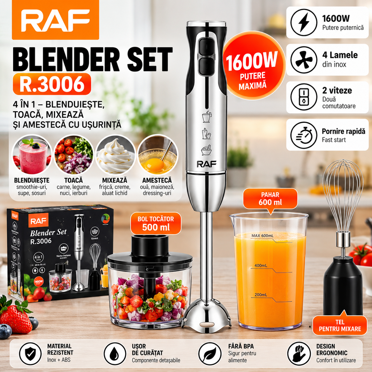 Blender RAF R3006, 1600W, recipient de 500ml, vas de 600ml si tel, 2 viteze, 38.7cm, negru-argintiu