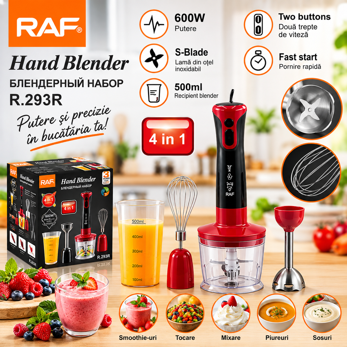 Blender de mana RAF R.293R, 600 W cu Turbo Boost – Putere si Precizie pentru Bucataria Ta