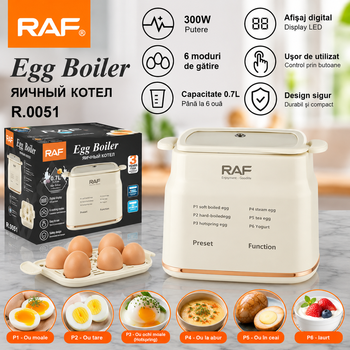 Fierbator de oua RAF R.0051, 300 W, 6 moduri de gatire, Afisaj digital
