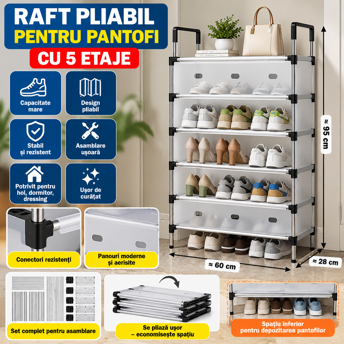 Raft pliabil pentru pantofi cu 5 etaje, design modern, stabil și multifuncțional