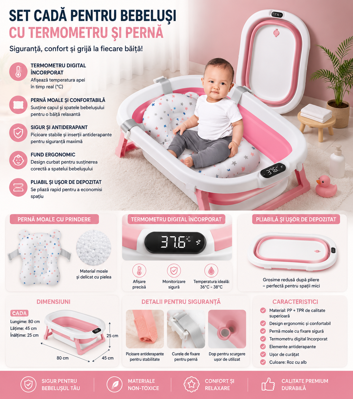 Set Cada Cu Termometru Si Perna, Sticla, Termometru Incorporat, Elemente Antiderapante, Fund Ergonomic, 80 Cm X 45 Cm X 25 Cm