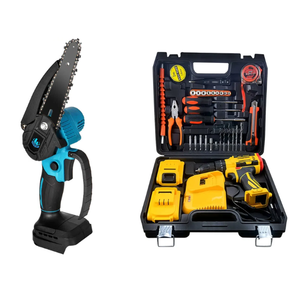 Pachet promotional unelte: Trusa Bormasina cu 2 Acumulatori 36V 5Ah, Autofiletanta cu Percutie cu 30 de accesorii + Mini drujba cu lant, fara fir, lama 6 inch, portabil , cu 2 acumulatori + 2 lanturi