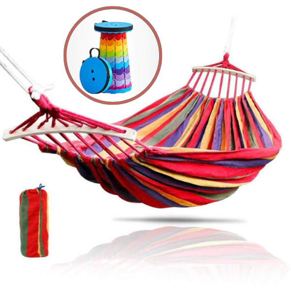 Hamac dublu bumbac cu bara de lemn + Scaun pliabil portabil, retractabil, telescopic, pentru exterior CADOU