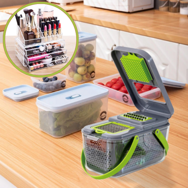 PACHET Razatoare multifunctionala pentru legume, cu 22 de accesorii + Organizator pentru cosmetice, cu sertare, incapator