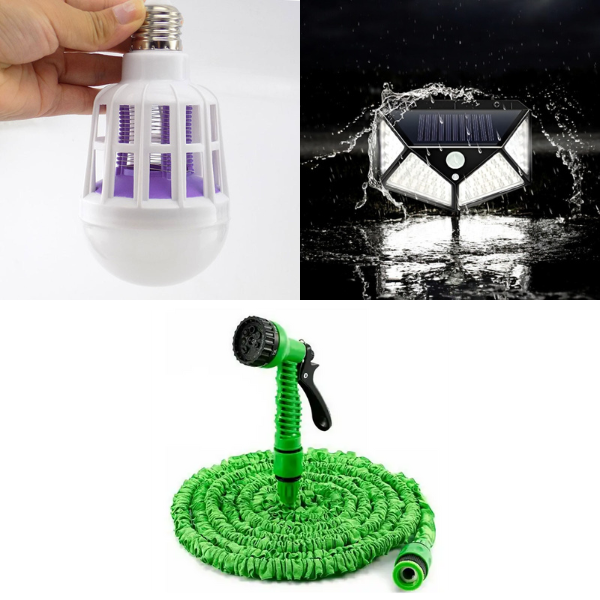PACHET Furtun de gradina elastic, 45m extensibil + Lampa UV anti insecte + Lampa Solara 100 Led cu Senzor de miscare