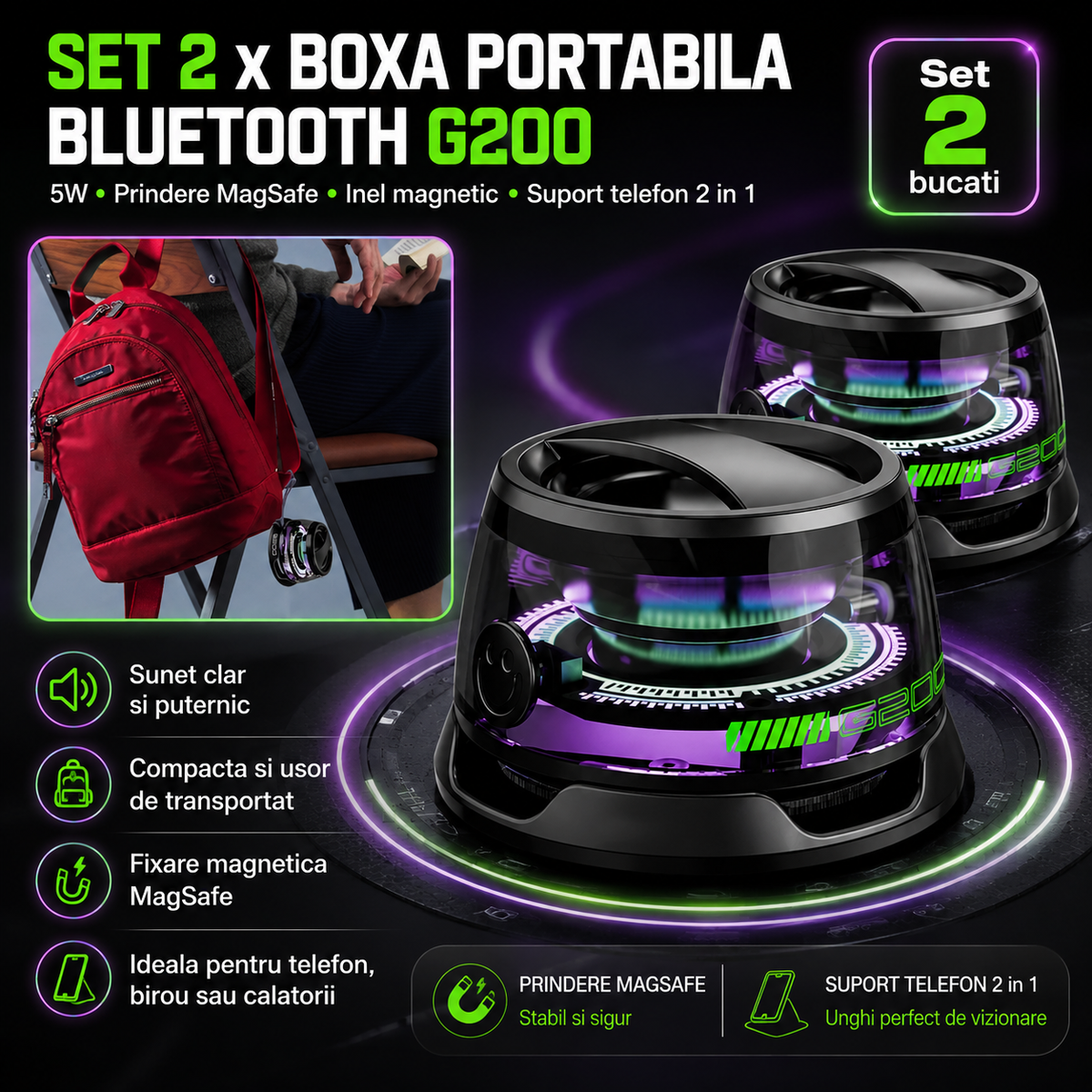 Set Complet de Pictura si Desen cu 208 Piese + Boxa portabila Bluetooth G200, 5W, prindere MagSafe