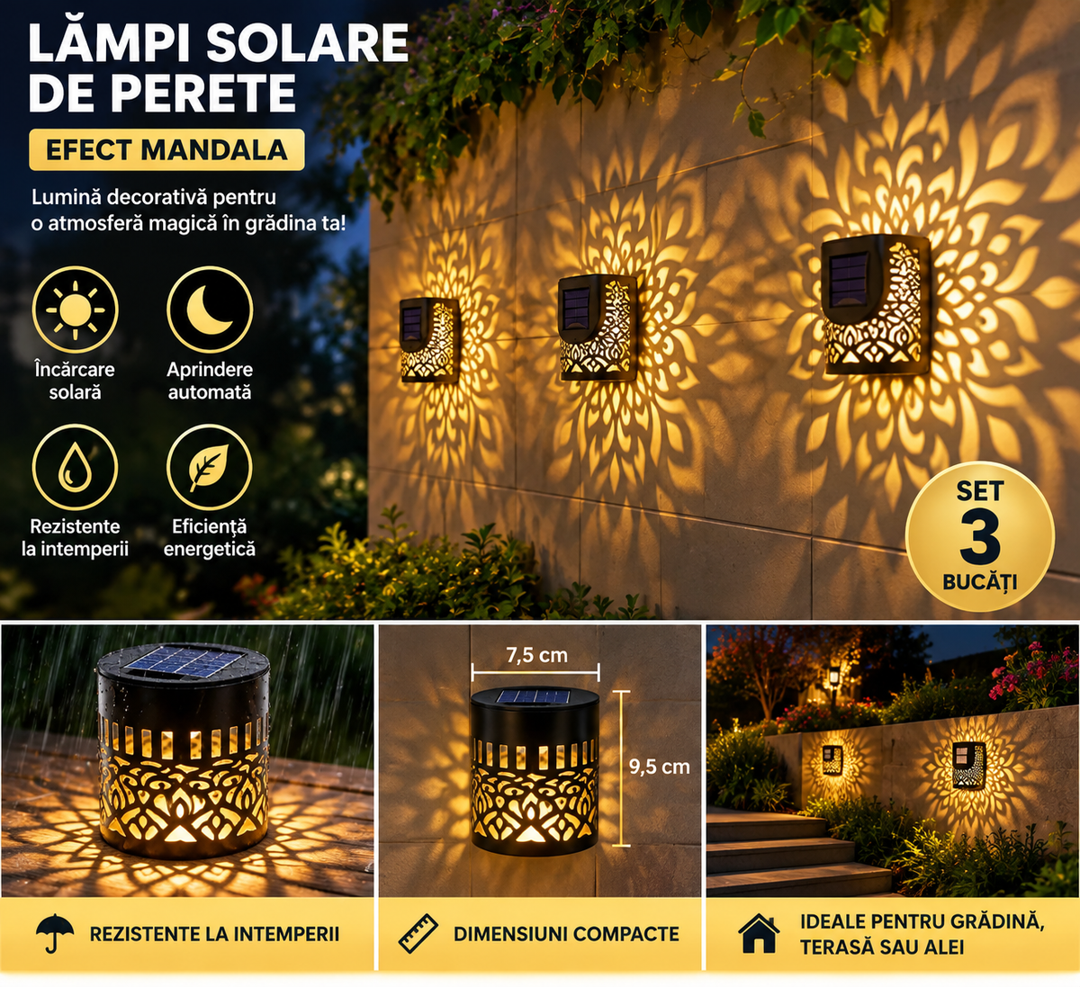 Set 3 Lămpi Solare de Perete cu Efect Mandala, Aprindere Automată, Rezistente la Intemperii