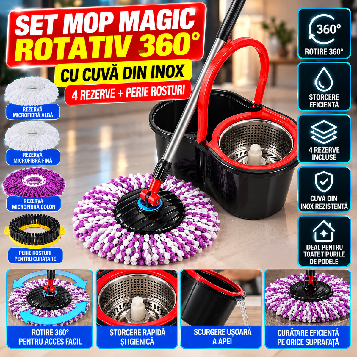 Set mop magic rotativ 360 grade , cu talpă și cuva din inox , 4 rezerve diferite