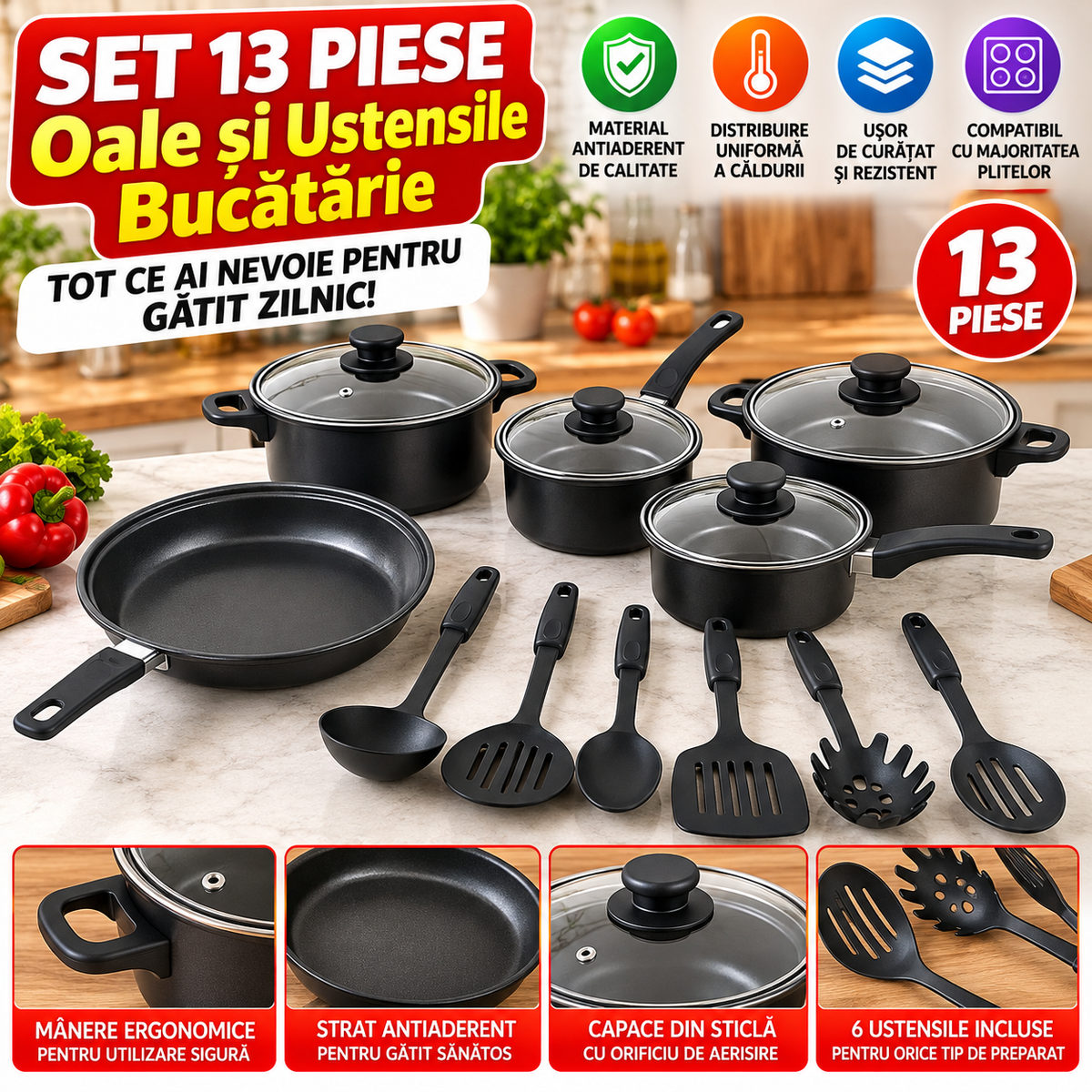 Set oale si ustensile bucatarie, 13 piese