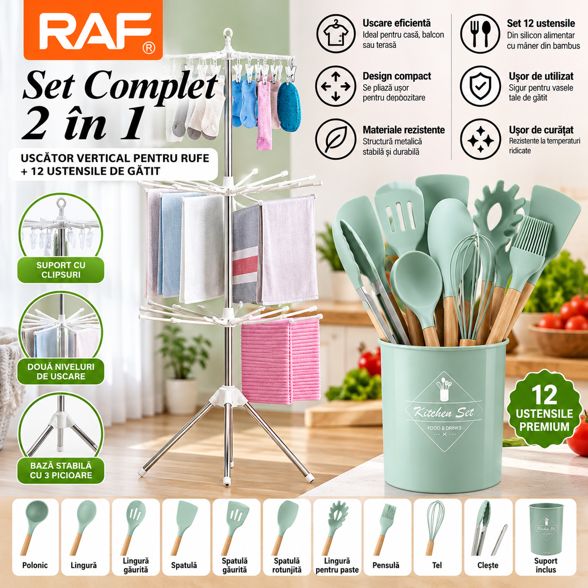 Uscator vertical pentru rufe + Set 12 Ustensile de Gatit din Silicon, cu Maner din Bambus