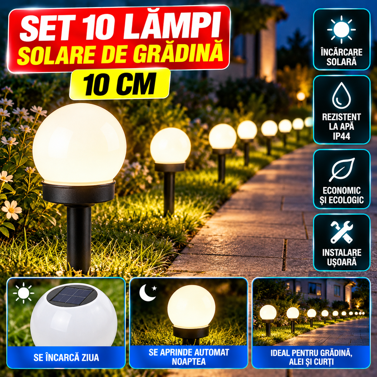 Set 12 x Lampa solara de gradina, 10cm, IP44, Nergu/Alb