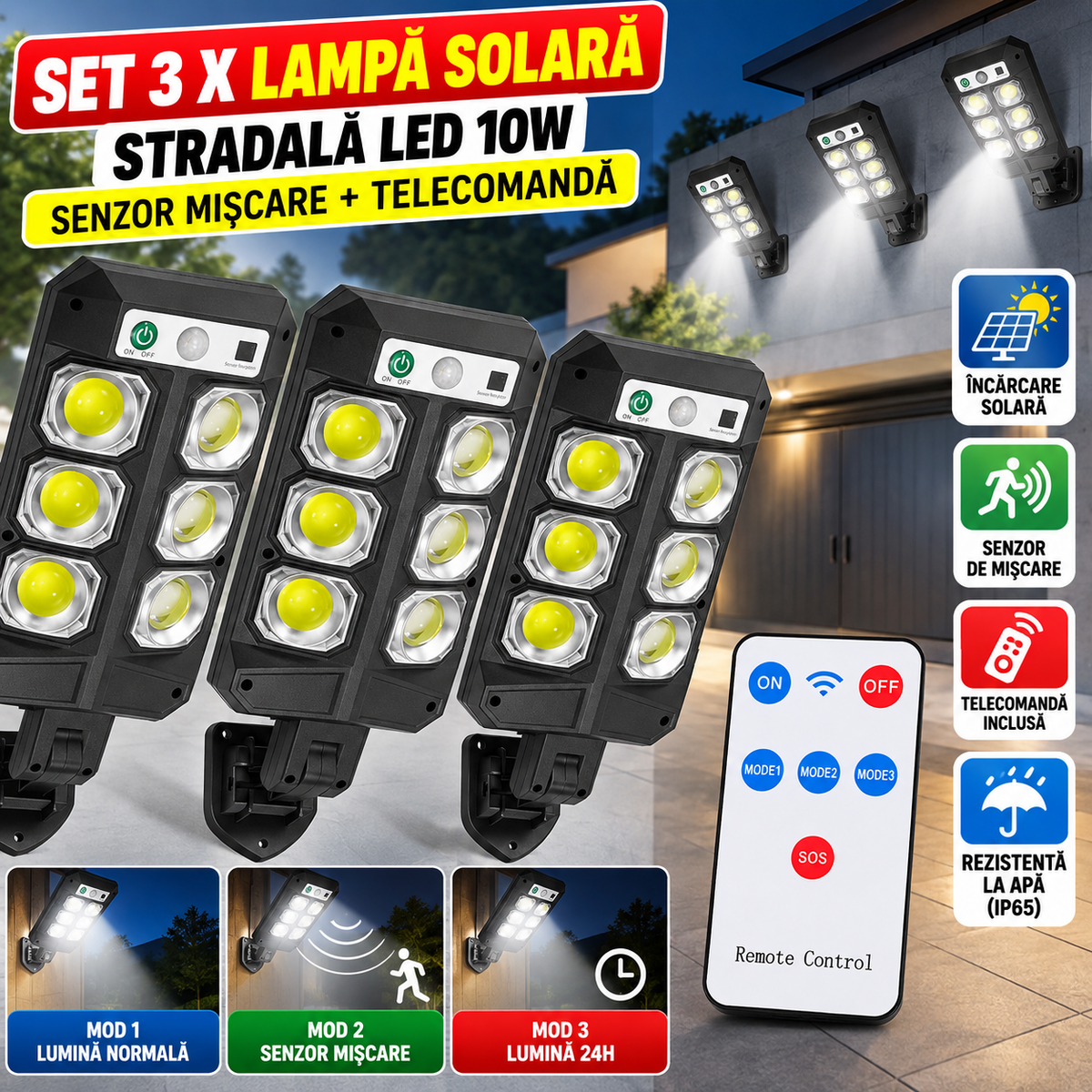 Set 3 x Lampa Solara Stradala LED, 10W, Senzor miscare, Telecomanda, Negru