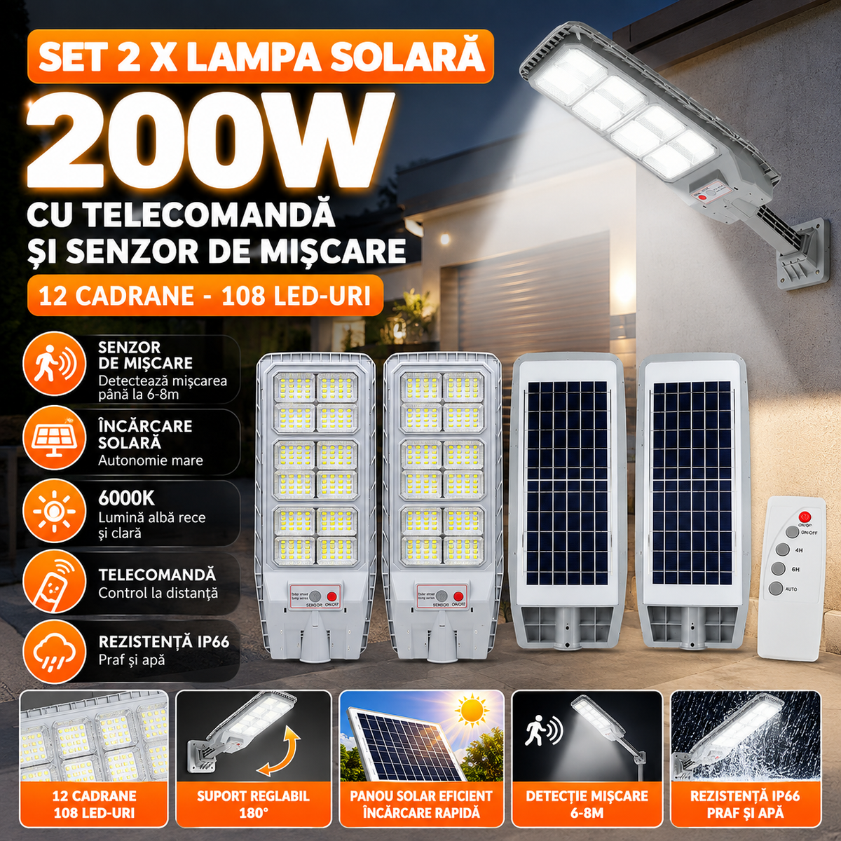 Set 2 x Lampa solara cu telecomanda si suport, 300W, senzor de miscare, 12 cadrane, 108 LED-uri, 6000k
