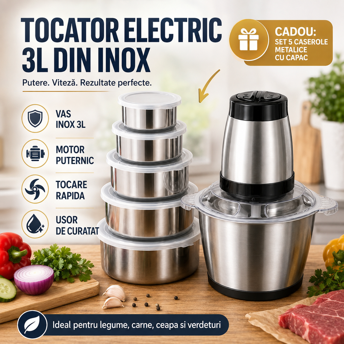 Tocător Electric 3L 1000W din Inox + Set 5 Caserole Metalice cu Capac CADOU