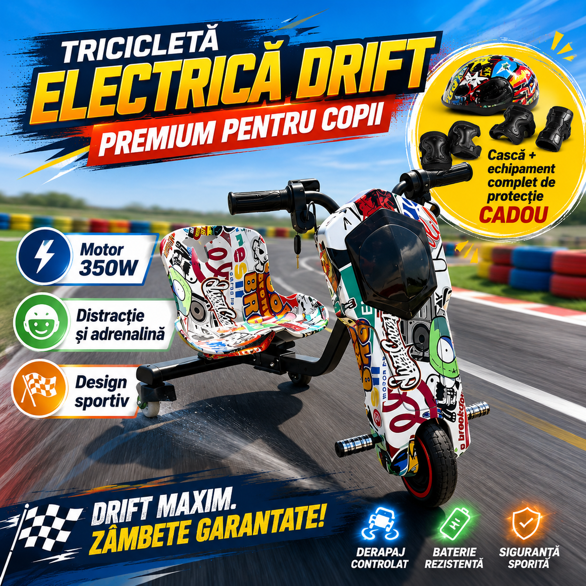 Tricicletă electrică drift Premium pentru copii, 350W + cască si echipament complet de protecție CADOU