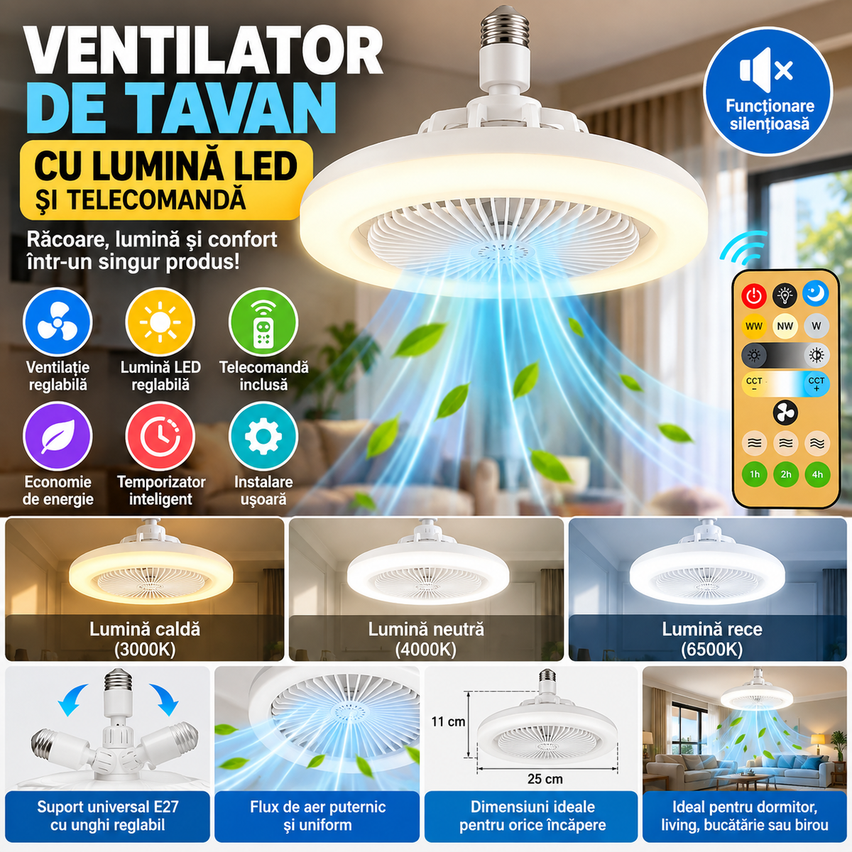 Ventilator de tavan silențios inteligent de înaltă calitate cu telecomandă și lumină LED